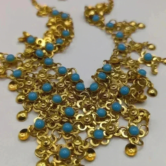 Lot of 2 Statement Necklaces: Gold-Tone Bib Dangle & Bronze Red Beaded Chain - Picture 7 of 10